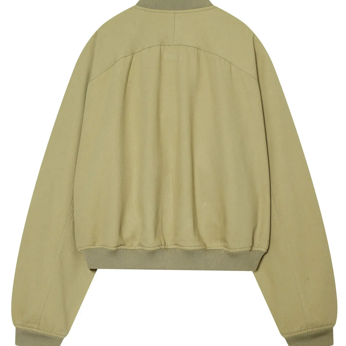 Olive Green Cropped Bomber Jacket for Women - Vintage Style Casual Outerwear with Ribbed Collar, Cuffs, Full Zip, and Side Pockets for Daily Streetwear Layering