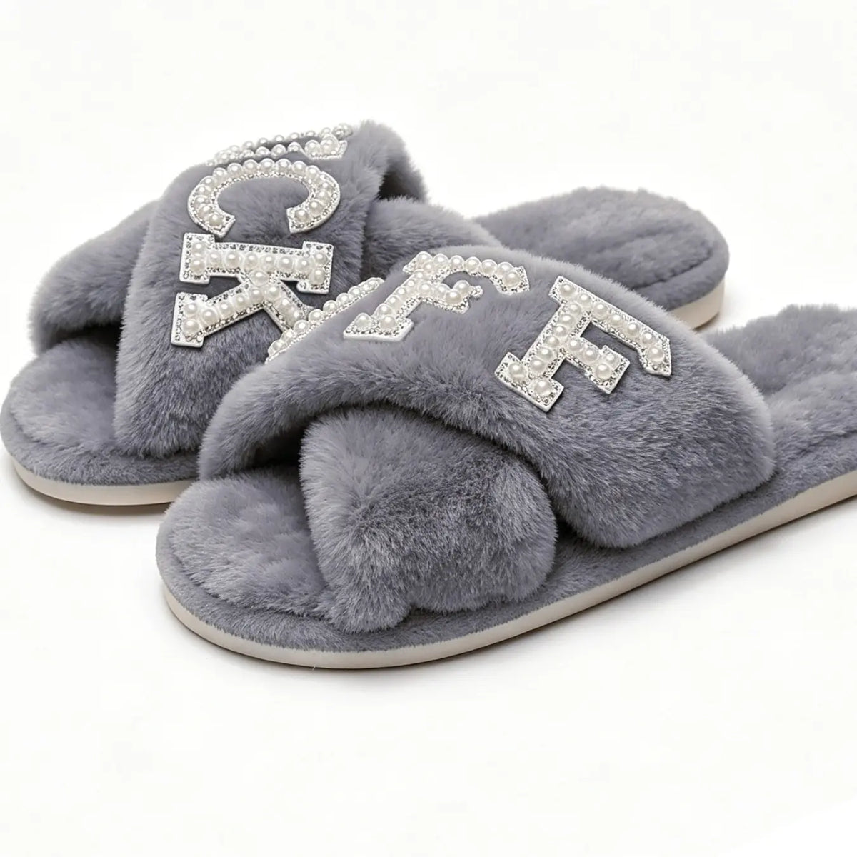 Pearl Drilled Letter off Women'S Plush Slippers Footwear, Comfortable Cross Strap Design, Memory Foam, Perfect Home Gift for Wife