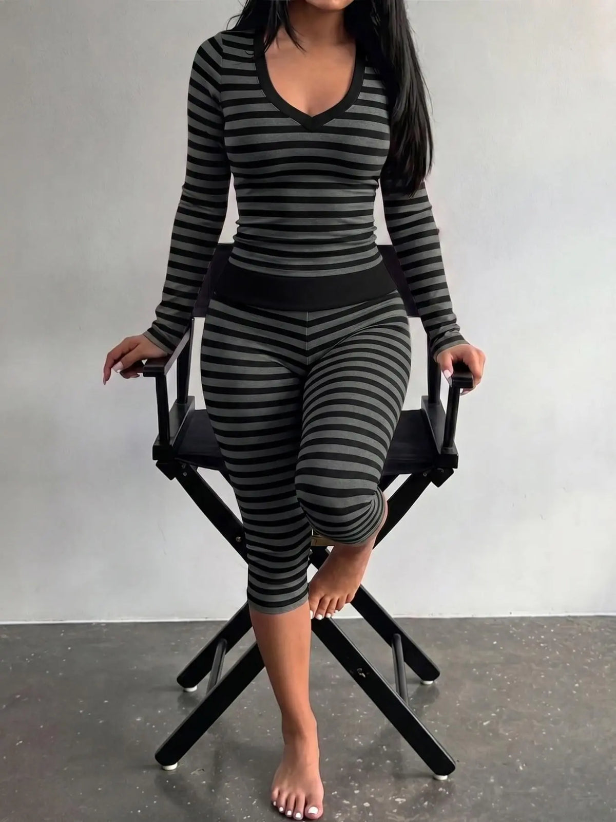 Yellow Grey Striped Two Piece Loungewear Set Crew Neck Short Sleeve Slim Crop Top High Waist Capri Leggings Stretch Fitted Matching Outfit Ideal for Home Relaxation Gym Training Grocery Runs and Casual Everyday All Season Comfy Outfits Stretchy Multicolor