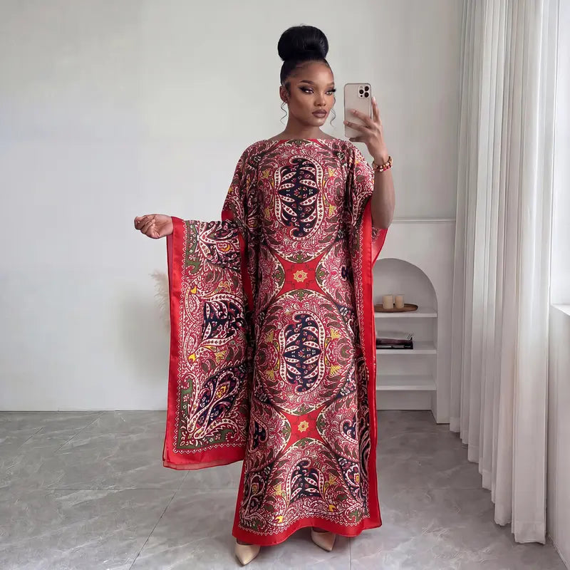 Women Printed Satin Abaya Set, Loose Batwing Sleeve Maxi Dress with Matching Long Scarf, Muslim Hijab Outfit, Islamic Dubai Kaftan for Party Daily Wear