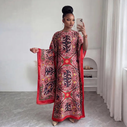 Women Printed Satin Abaya Set, Loose Batwing Sleeve Maxi Dress with Matching Long Scarf, Muslim Hijab Outfit, Islamic Dubai Kaftan for Party Daily Wear