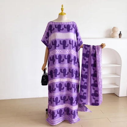 Women Printed Satin Abaya Set, Loose Batwing Sleeve Maxi Dress with Matching Long Scarf, Muslim Hijab Outfit, Islamic Dubai Kaftan for Party Daily Wear