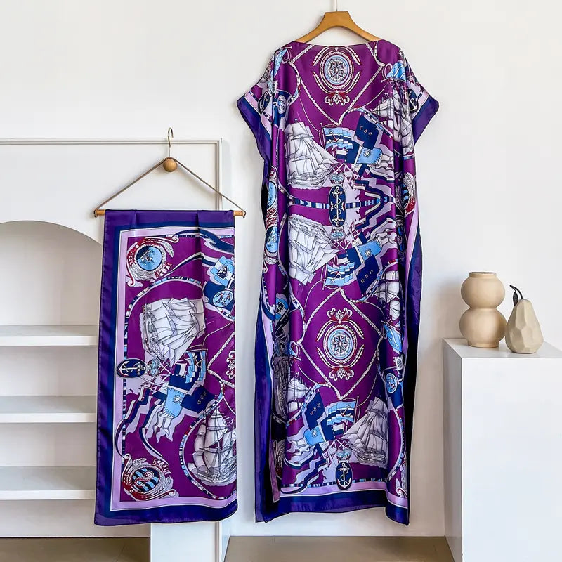 Women Printed Satin Abaya Set, Loose Batwing Sleeve Maxi Dress with Matching Long Scarf, Muslim Hijab Outfit, Islamic Dubai Kaftan for Party Daily Wear