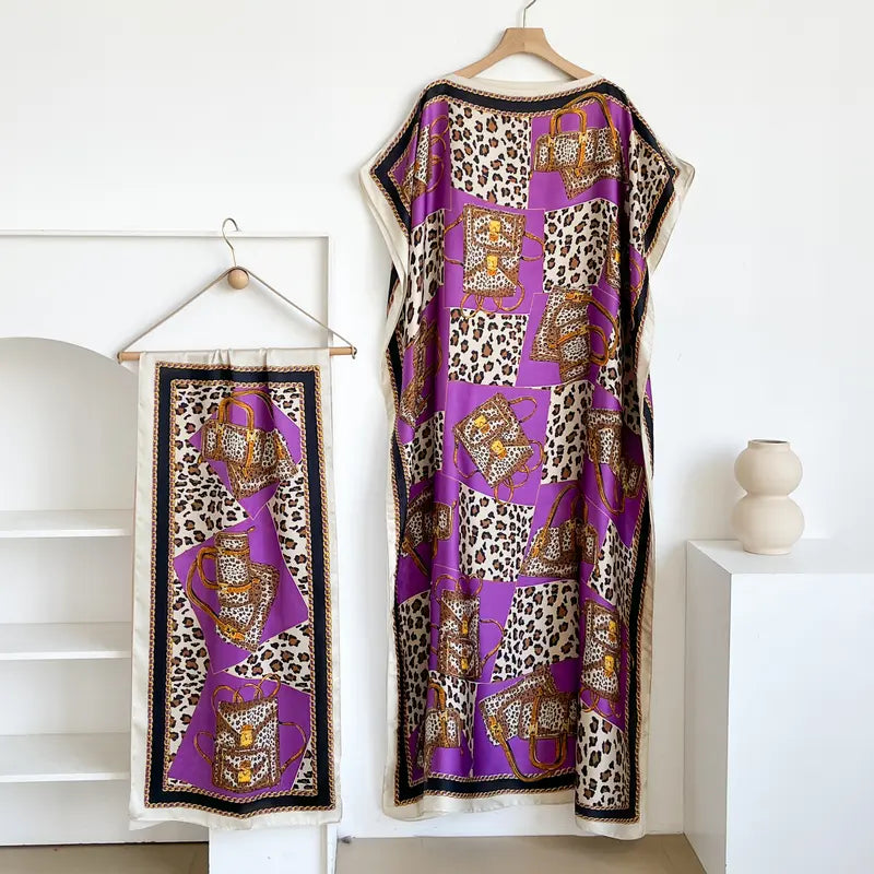 Women Printed Satin Abaya Set, Loose Batwing Sleeve Maxi Dress with Matching Long Scarf, Muslim Hijab Outfit, Islamic Dubai Kaftan for Party Daily Wear