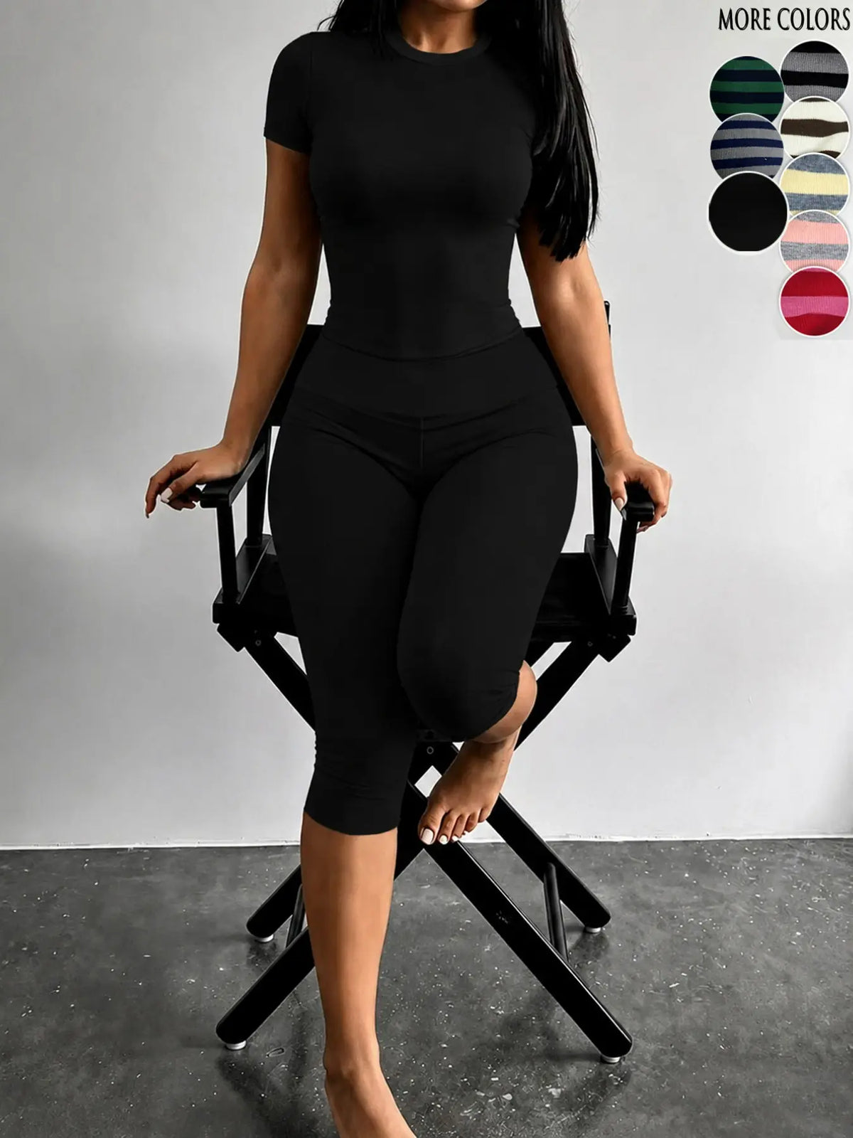 Yellow Grey Striped Two Piece Loungewear Set Crew Neck Short Sleeve Slim Crop Top High Waist Capri Leggings Stretch Fitted Matching Outfit Ideal for Home Relaxation Gym Training Grocery Runs and Casual Everyday All Season Comfy Outfits Stretchy Multicolor