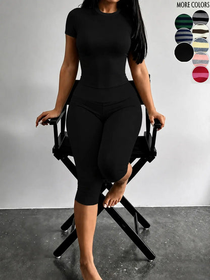 Yellow Grey Striped Two Piece Loungewear Set Crew Neck Short Sleeve Slim Crop Top High Waist Capri Leggings Stretch Fitted Matching Outfit Ideal for Home Relaxation Gym Training Grocery Runs and Casual Everyday All Season Comfy Outfits Stretchy Multicolor
