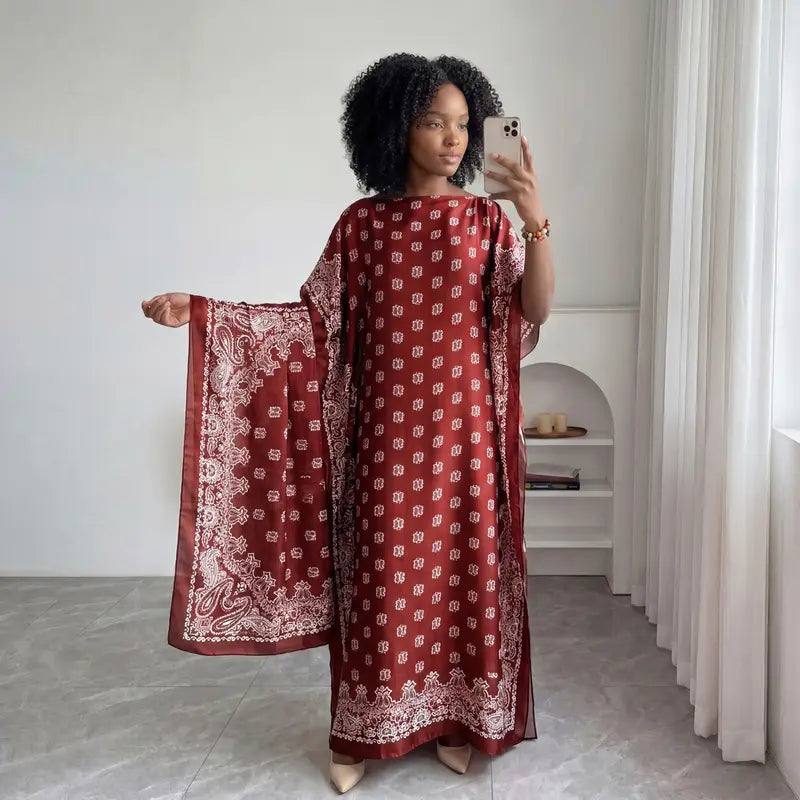 Women Printed Satin Abaya Set, Loose Batwing Sleeve Maxi Dress with Matching Long Scarf, Muslim Hijab Outfit, Islamic Dubai Kaftan for Party Daily Wear