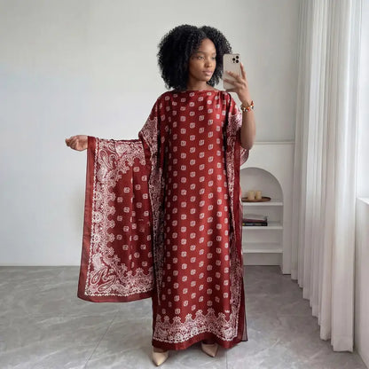 Women Printed Satin Abaya Set, Loose Batwing Sleeve Maxi Dress with Matching Long Scarf, Muslim Hijab Outfit, Islamic Dubai Kaftan for Party Daily Wear