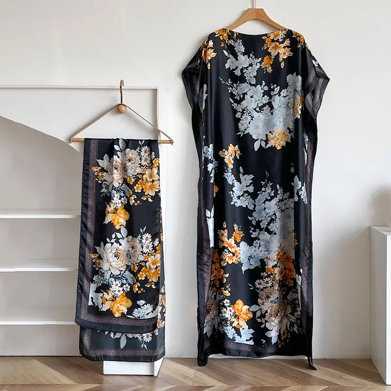 Women Printed Satin Abaya Set, Loose Batwing Sleeve Maxi Dress with Matching Long Scarf, Muslim Hijab Outfit, Islamic Dubai Kaftan for Party Daily Wear