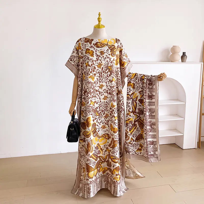 Women Printed Satin Abaya Set, Loose Batwing Sleeve Maxi Dress with Matching Long Scarf, Muslim Hijab Outfit, Islamic Dubai Kaftan for Party Daily Wear