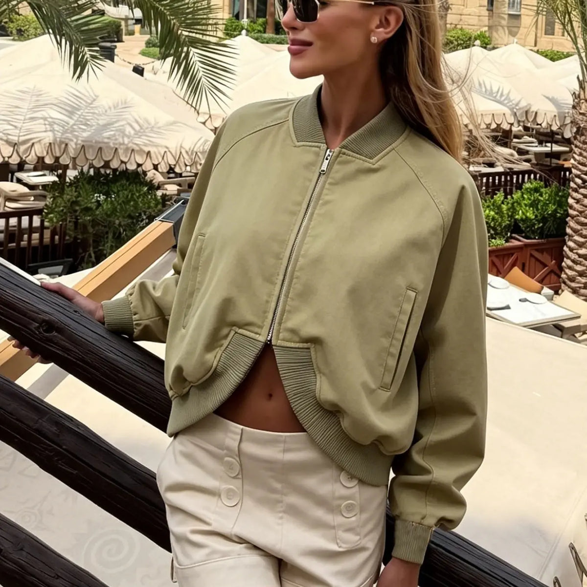 Olive Green Cropped Bomber Jacket for Women - Vintage Style Casual Outerwear with Ribbed Collar, Cuffs, Full Zip, and Side Pockets for Daily Streetwear Layering