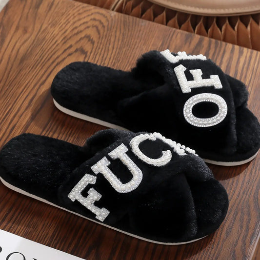 Pearl Drilled Letter off Women'S Plush Slippers Footwear, Comfortable Cross Strap Design, Memory Foam, Perfect Home Gift for Wife