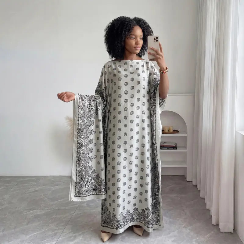 Women Printed Satin Abaya Set, Loose Batwing Sleeve Maxi Dress with Matching Long Scarf, Muslim Hijab Outfit, Islamic Dubai Kaftan for Party Daily Wear