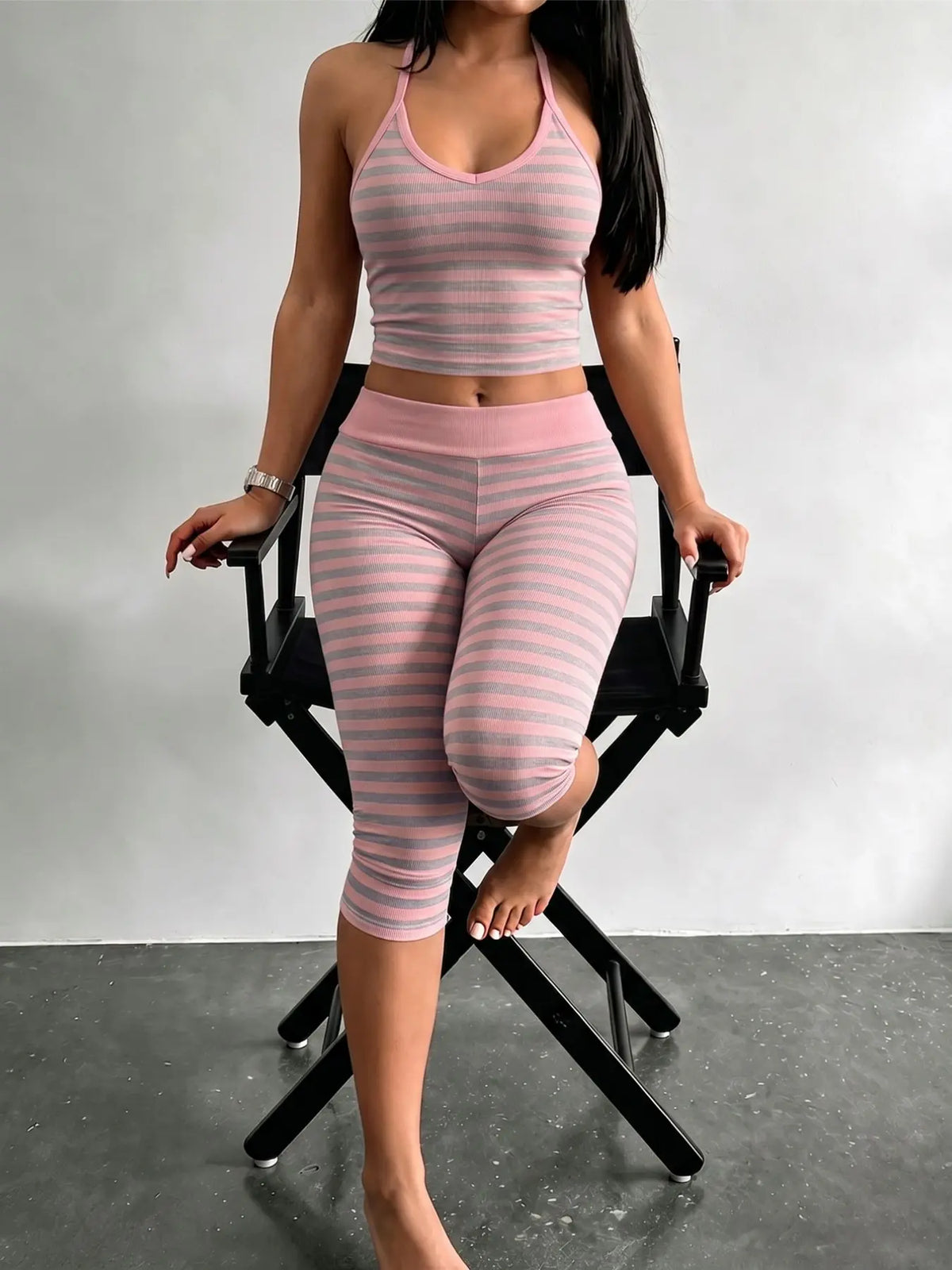 Yellow Grey Striped Two Piece Loungewear Set Crew Neck Short Sleeve Slim Crop Top High Waist Capri Leggings Stretch Fitted Matching Outfit Ideal for Home Relaxation Gym Training Grocery Runs and Casual Everyday All Season Comfy Outfits Stretchy Multicolor