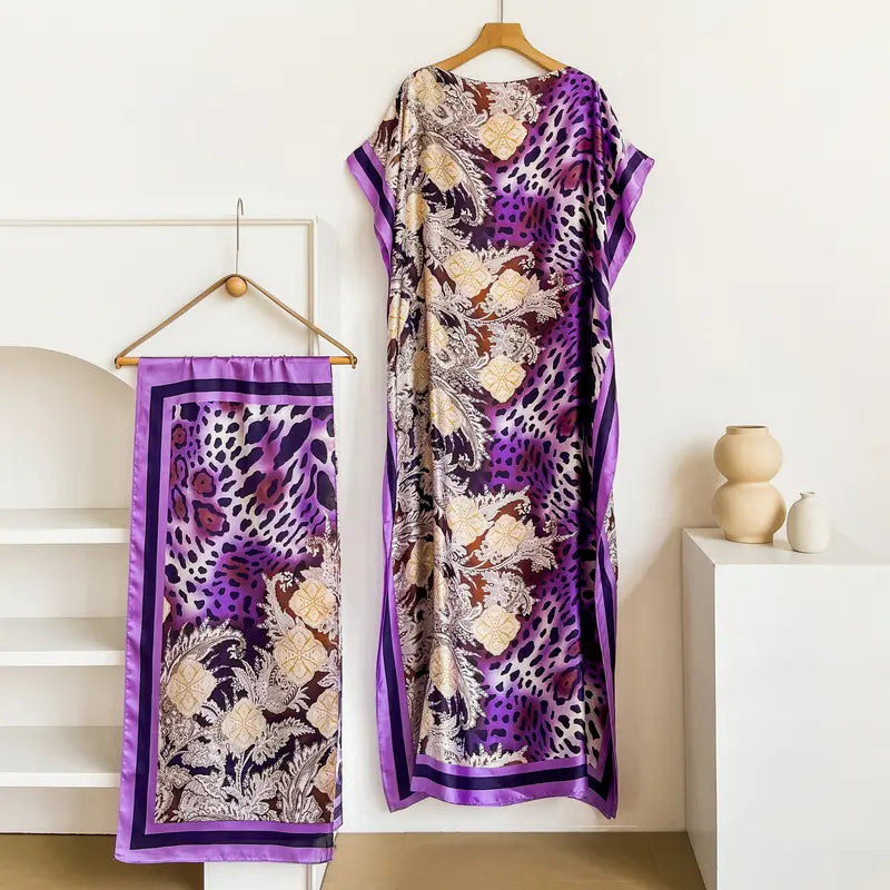 Women Printed Satin Abaya Set, Loose Batwing Sleeve Maxi Dress with Matching Long Scarf, Muslim Hijab Outfit, Islamic Dubai Kaftan for Party Daily Wear