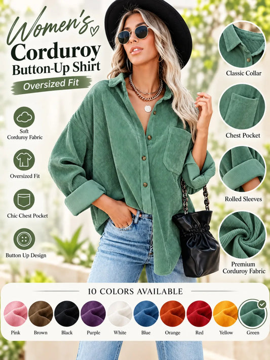 【Black Friday】Women'S Corduroy Lightweight Button Collared Blouse with Pocket, Long Sleeve Loose Fit Oversize Drop Shoulder Casual Everyday Style for Spring & Fall