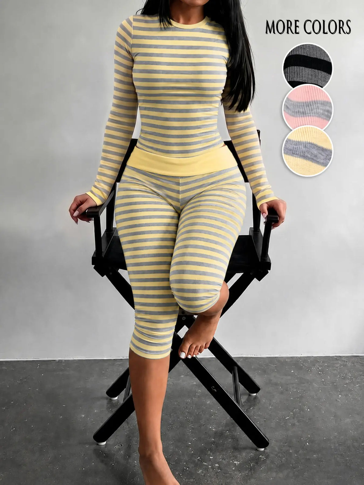Yellow Grey Striped Two Piece Loungewear Set Crew Neck Short Sleeve Slim Crop Top High Waist Capri Leggings Stretch Fitted Matching Outfit Ideal for Home Relaxation Gym Training Grocery Runs and Casual Everyday All Season Comfy Outfits Stretchy Multicolor