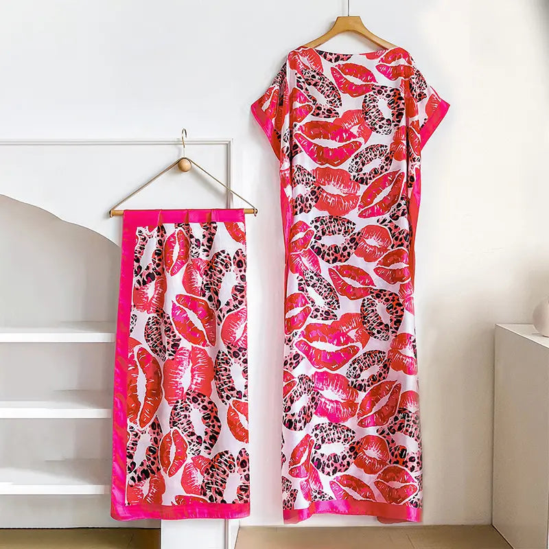 Women Printed Satin Abaya Set, Loose Batwing Sleeve Maxi Dress with Matching Long Scarf, Muslim Hijab Outfit, Islamic Dubai Kaftan for Party Daily Wear