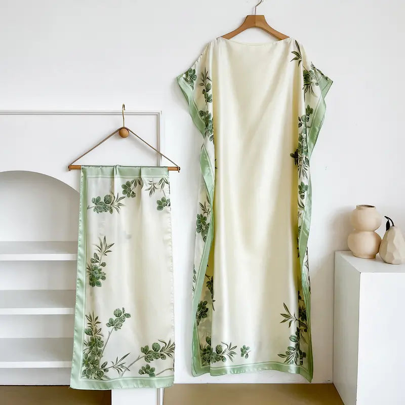 Women Printed Satin Abaya Set, Loose Batwing Sleeve Maxi Dress with Matching Long Scarf, Muslim Hijab Outfit, Islamic Dubai Kaftan for Party Daily Wear