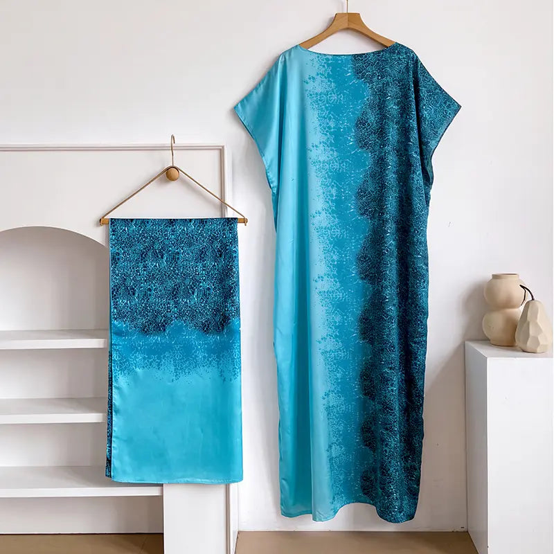 Women Printed Satin Abaya Set, Loose Batwing Sleeve Maxi Dress with Matching Long Scarf, Muslim Hijab Outfit, Islamic Dubai Kaftan for Party Daily Wear