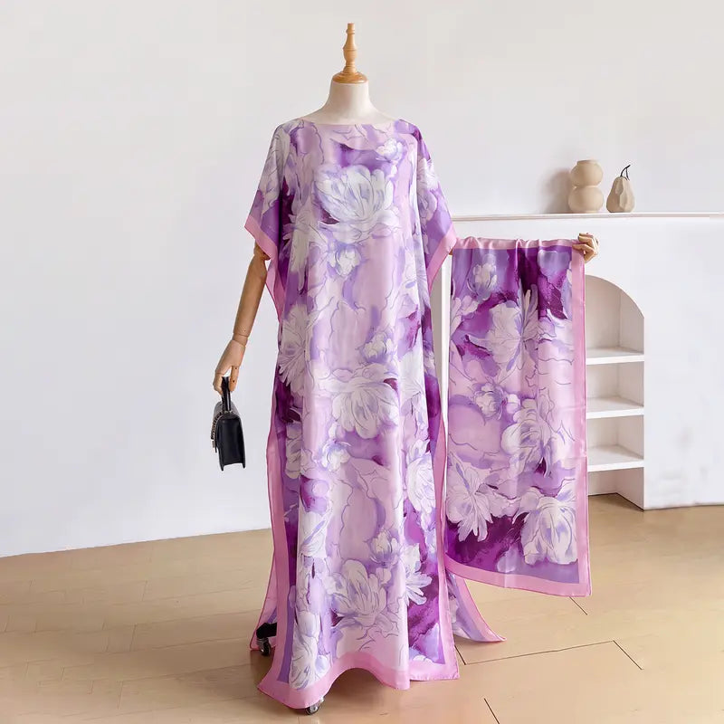 Women Printed Satin Abaya Set, Loose Batwing Sleeve Maxi Dress with Matching Long Scarf, Muslim Hijab Outfit, Islamic Dubai Kaftan for Party Daily Wear