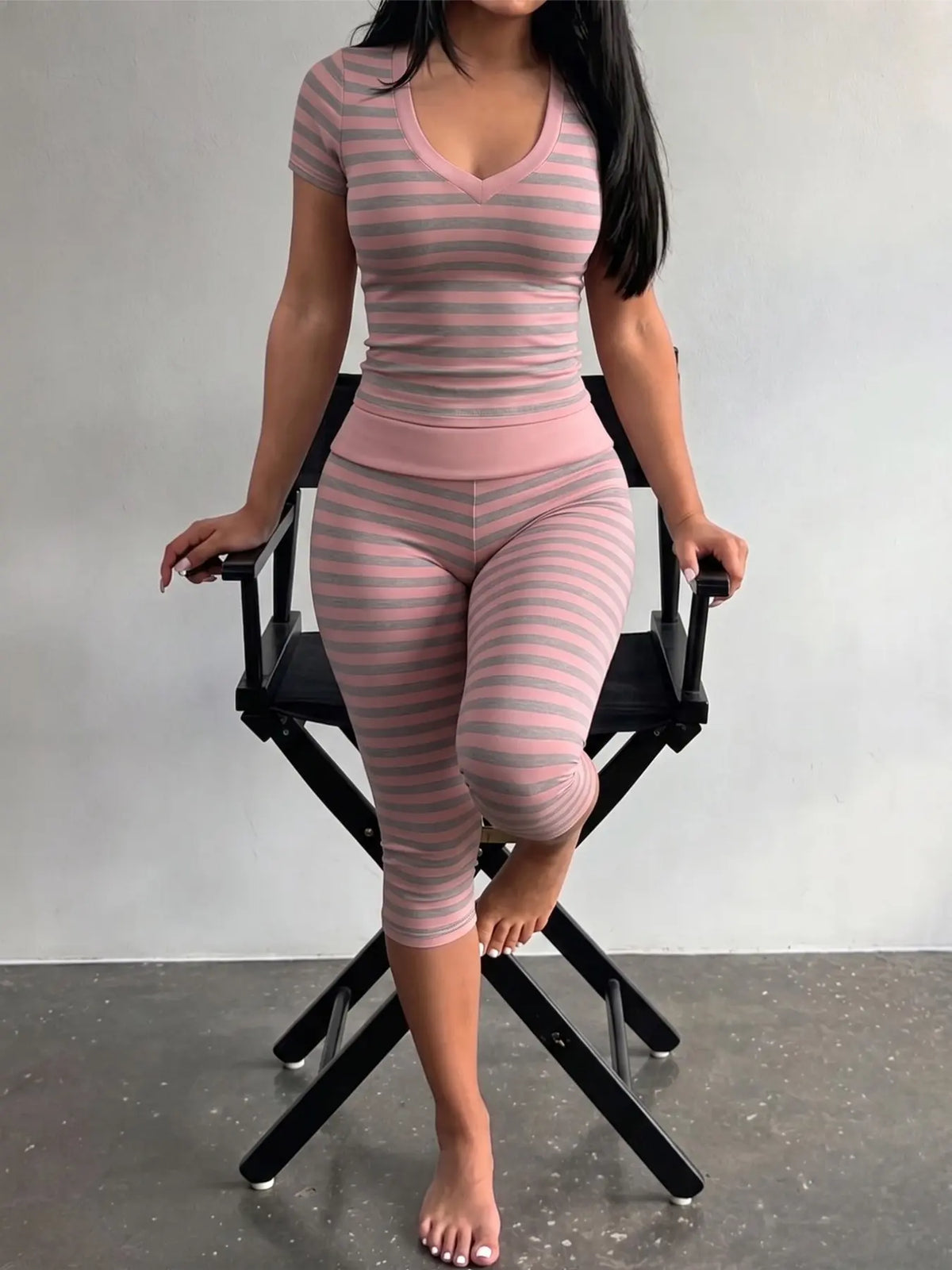 Yellow Grey Striped Two Piece Loungewear Set Crew Neck Short Sleeve Slim Crop Top High Waist Capri Leggings Stretch Fitted Matching Outfit Ideal for Home Relaxation Gym Training Grocery Runs and Casual Everyday All Season Comfy Outfits Stretchy Multicolor