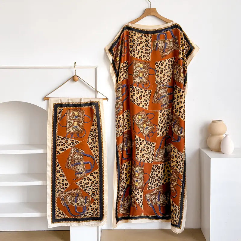 Women Printed Satin Abaya Set, Loose Batwing Sleeve Maxi Dress with Matching Long Scarf, Muslim Hijab Outfit, Islamic Dubai Kaftan for Party Daily Wear