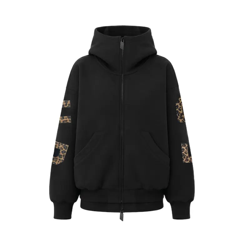 FDR Applique Letter Stand Collar Zip up Jacket & Leopard Panel Faux Two Piece Barrel Sweatpants Set Oversized Y2K Streetwear Unisex