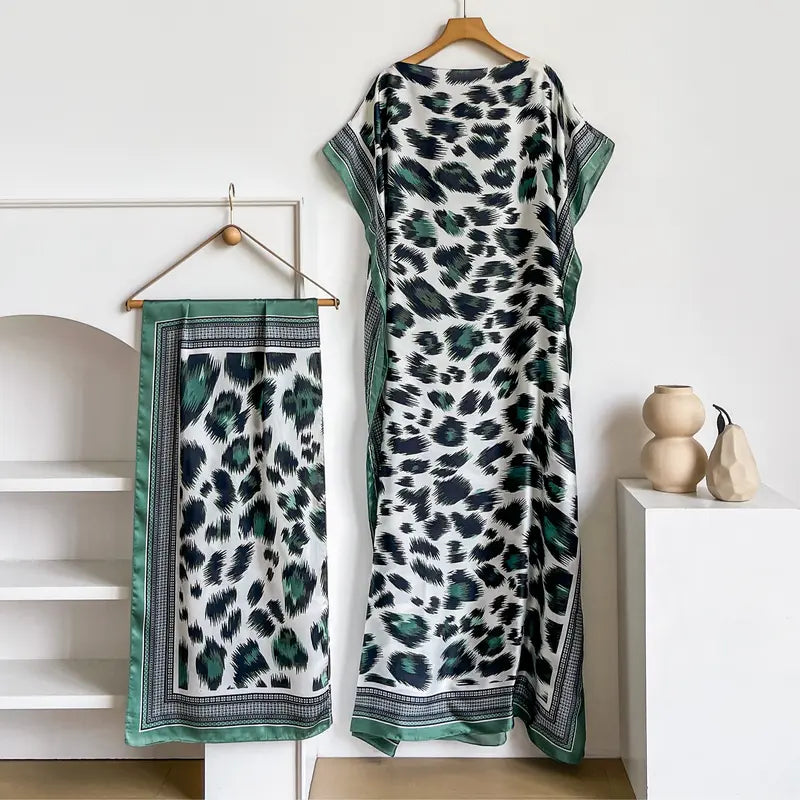 Women Printed Satin Abaya Set, Loose Batwing Sleeve Maxi Dress with Matching Long Scarf, Muslim Hijab Outfit, Islamic Dubai Kaftan for Party Daily Wear