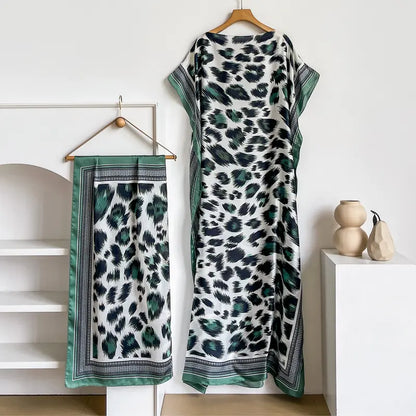 Women Printed Satin Abaya Set, Loose Batwing Sleeve Maxi Dress with Matching Long Scarf, Muslim Hijab Outfit, Islamic Dubai Kaftan for Party Daily Wear