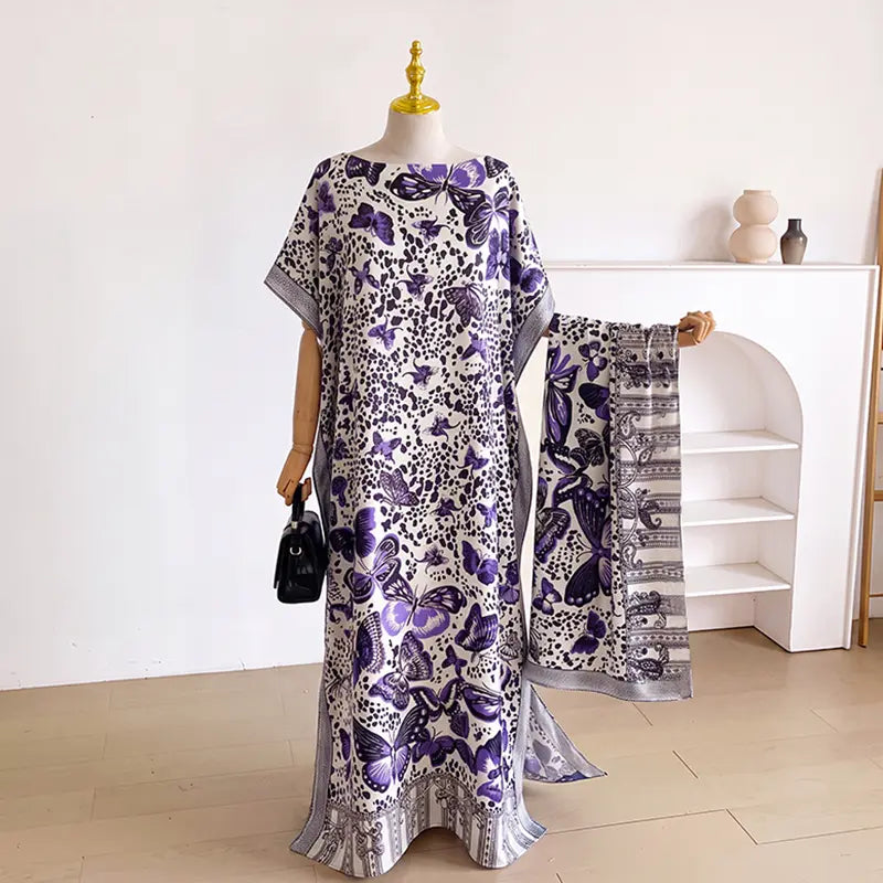 Women Printed Satin Abaya Set, Loose Batwing Sleeve Maxi Dress with Matching Long Scarf, Muslim Hijab Outfit, Islamic Dubai Kaftan for Party Daily Wear