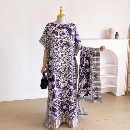 Women Printed Satin Abaya Set, Loose Batwing Sleeve Maxi Dress with Matching Long Scarf, Muslim Hijab Outfit, Islamic Dubai Kaftan for Party Daily Wear
