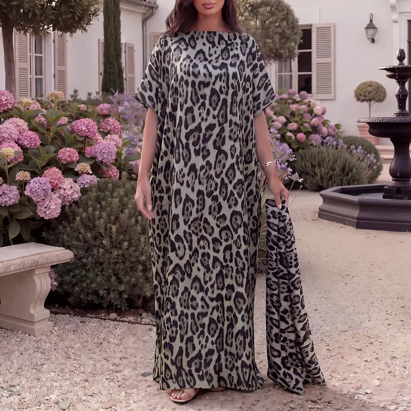 Women Printed Satin Abaya Set, Loose Batwing Sleeve Maxi Dress with Matching Long Scarf, Muslim Hijab Outfit, Islamic Dubai Kaftan for Party Daily Wear