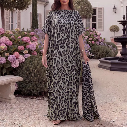 Women Printed Satin Abaya Set, Loose Batwing Sleeve Maxi Dress with Matching Long Scarf, Muslim Hijab Outfit, Islamic Dubai Kaftan for Party Daily Wear