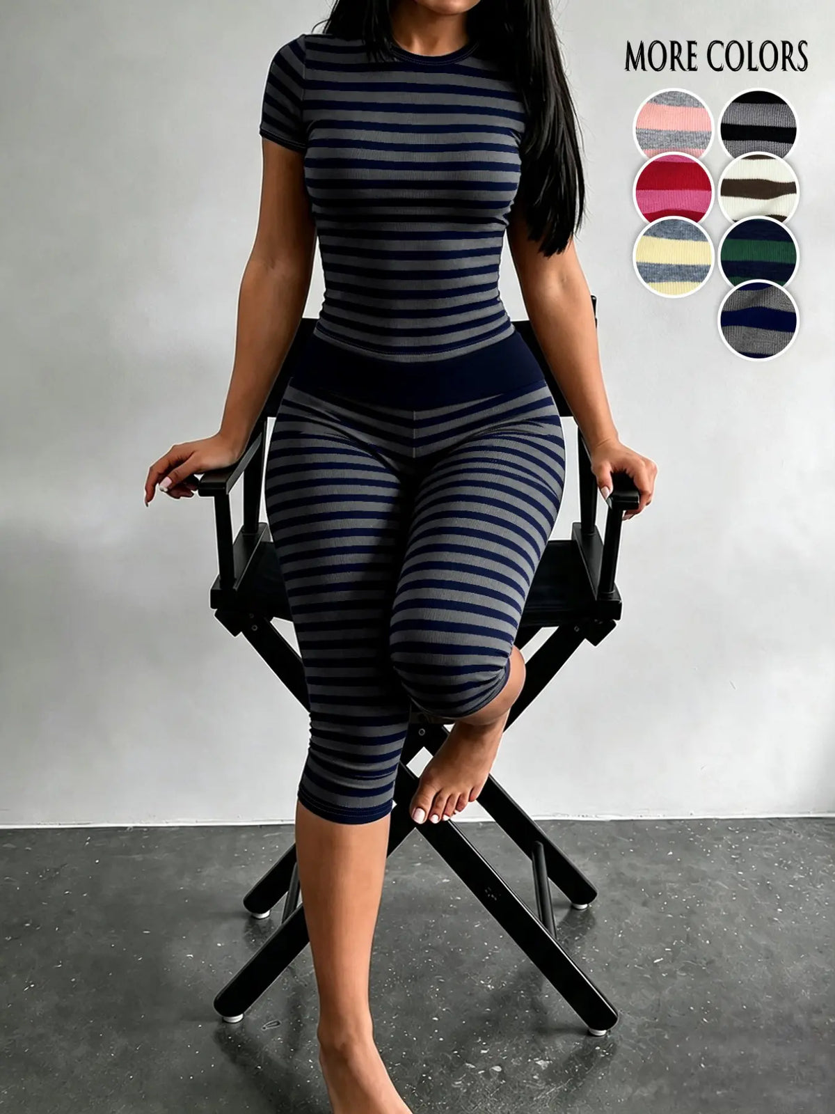 Yellow Grey Striped Two Piece Loungewear Set Crew Neck Short Sleeve Slim Crop Top High Waist Capri Leggings Stretch Fitted Matching Outfit Ideal for Home Relaxation Gym Training Grocery Runs and Casual Everyday All Season Comfy Outfits Stretchy Multicolor