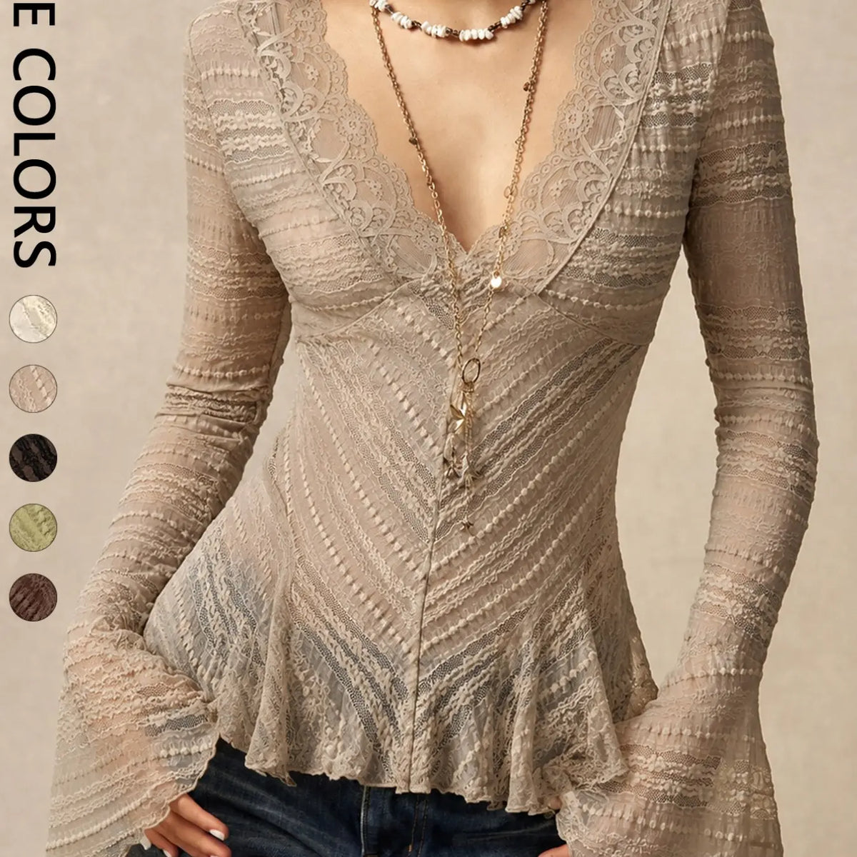 Women'S Wave Lace Trim V-Neck Shirt, Long Flared Sleeve Sheer Texture Ruffle Dress Top, Boho Vintage Elegant Layering Blouse, Perfect for Dates, Brunch, Streetwear, Vacation, Casual