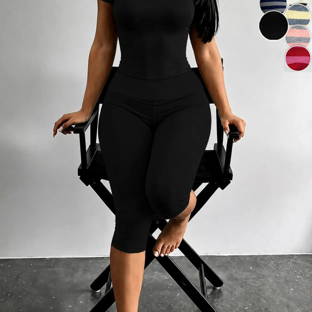 Yellow Grey Striped Two Piece Loungewear Set Crew Neck Short Sleeve Slim Crop Top High Waist Capri Leggings Stretch Fitted Matching Outfit Ideal for Home Relaxation Gym Training Grocery Runs and Casual Everyday All Season Comfy Outfits Stretchy Multicolor