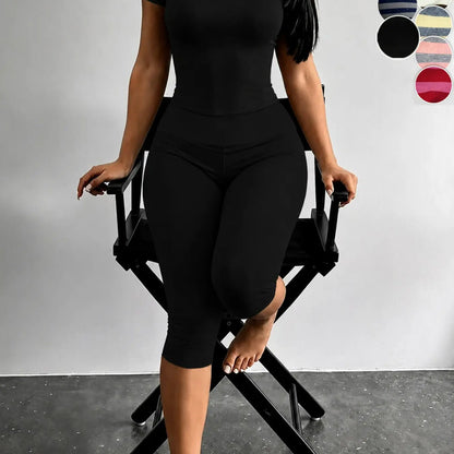 Yellow Grey Striped Two Piece Loungewear Set Crew Neck Short Sleeve Slim Crop Top High Waist Capri Leggings Stretch Fitted Matching Outfit Ideal for Home Relaxation Gym Training Grocery Runs and Casual Everyday All Season Comfy Outfits Stretchy Multicolor