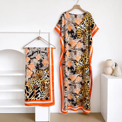 Women Printed Satin Abaya Set, Loose Batwing Sleeve Maxi Dress with Matching Long Scarf, Muslim Hijab Outfit, Islamic Dubai Kaftan for Party Daily Wear