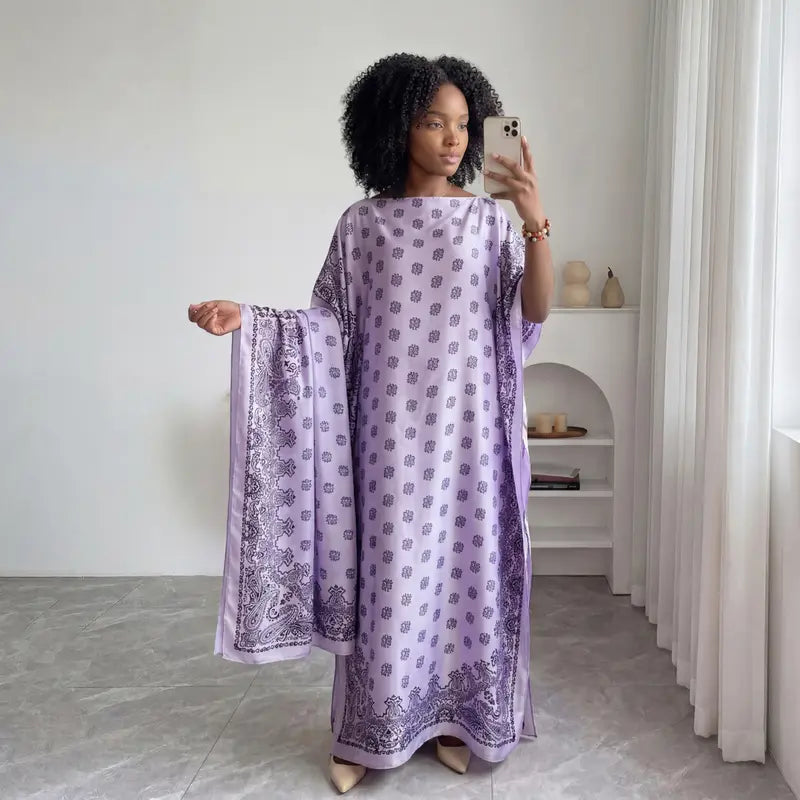 Women Printed Satin Abaya Set, Loose Batwing Sleeve Maxi Dress with Matching Long Scarf, Muslim Hijab Outfit, Islamic Dubai Kaftan for Party Daily Wear