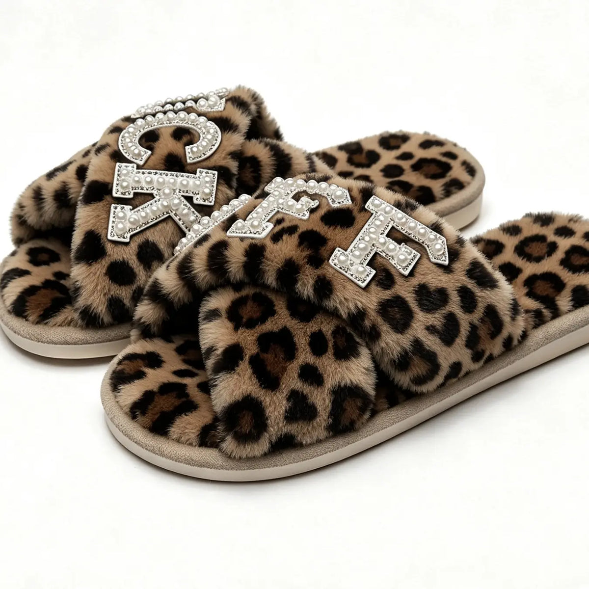 Pearl Drilled Letter off Women'S Plush Slippers Footwear, Comfortable Cross Strap Design, Memory Foam, Perfect Home Gift for Wife