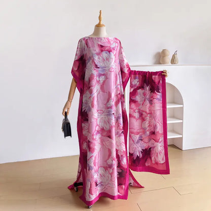 Women Printed Satin Abaya Set, Loose Batwing Sleeve Maxi Dress with Matching Long Scarf, Muslim Hijab Outfit, Islamic Dubai Kaftan for Party Daily Wear