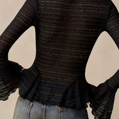 Women'S Wave Lace Trim V-Neck Shirt, Long Flared Sleeve Sheer Texture Ruffle Dress Top, Boho Vintage Elegant Layering Blouse, Perfect for Dates, Brunch, Streetwear, Vacation, Casual