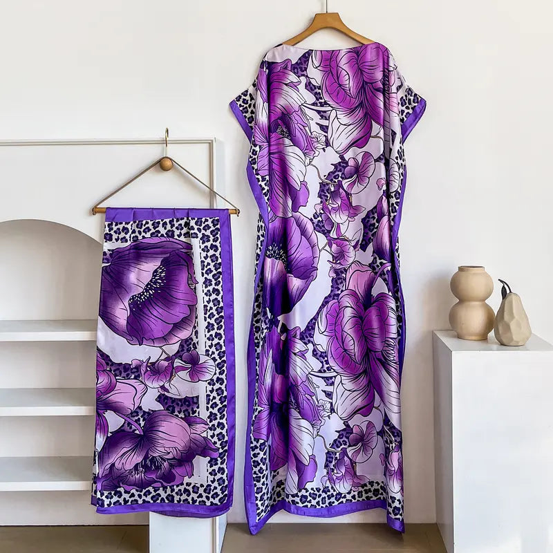 Women Printed Satin Abaya Set, Loose Batwing Sleeve Maxi Dress with Matching Long Scarf, Muslim Hijab Outfit, Islamic Dubai Kaftan for Party Daily Wear
