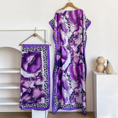 Women Printed Satin Abaya Set, Loose Batwing Sleeve Maxi Dress with Matching Long Scarf, Muslim Hijab Outfit, Islamic Dubai Kaftan for Party Daily Wear