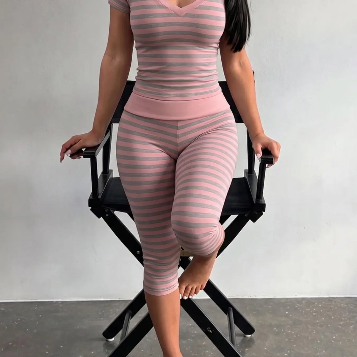 Yellow Grey Striped Two Piece Loungewear Set Crew Neck Short Sleeve Slim Crop Top High Waist Capri Leggings Stretch Fitted Matching Outfit Ideal for Home Relaxation Gym Training Grocery Runs and Casual Everyday All Season Comfy Outfits Stretchy Multicolor