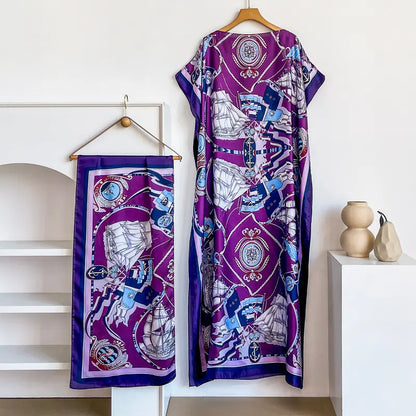 Women Printed Satin Abaya Set, Loose Batwing Sleeve Maxi Dress with Matching Long Scarf, Muslim Hijab Outfit, Islamic Dubai Kaftan for Party Daily Wear