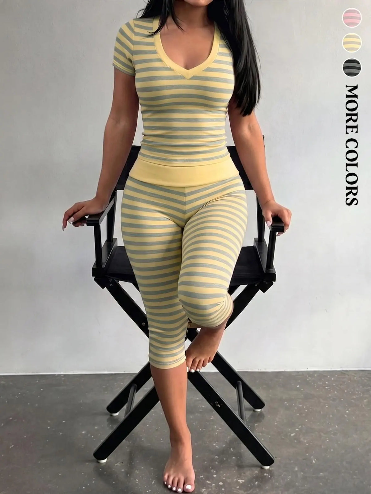 Yellow Grey Striped Two Piece Loungewear Set Crew Neck Short Sleeve Slim Crop Top High Waist Capri Leggings Stretch Fitted Matching Outfit Ideal for Home Relaxation Gym Training Grocery Runs and Casual Everyday All Season Comfy Outfits Stretchy Multicolor