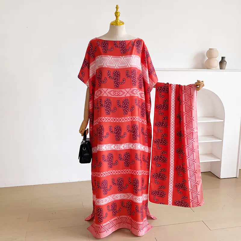 Women Printed Satin Abaya Set, Loose Batwing Sleeve Maxi Dress with Matching Long Scarf, Muslim Hijab Outfit, Islamic Dubai Kaftan for Party Daily Wear
