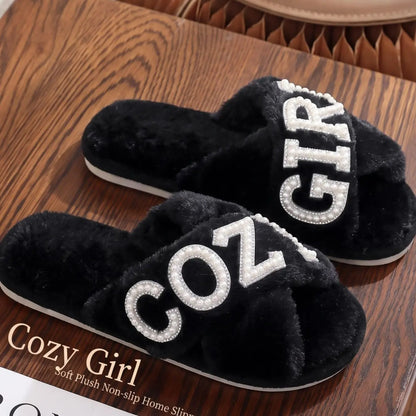 Pearl Drilled Letter off Women'S Plush Slippers Footwear, Comfortable Cross Strap Design, Memory Foam, Perfect Home Gift for Wife